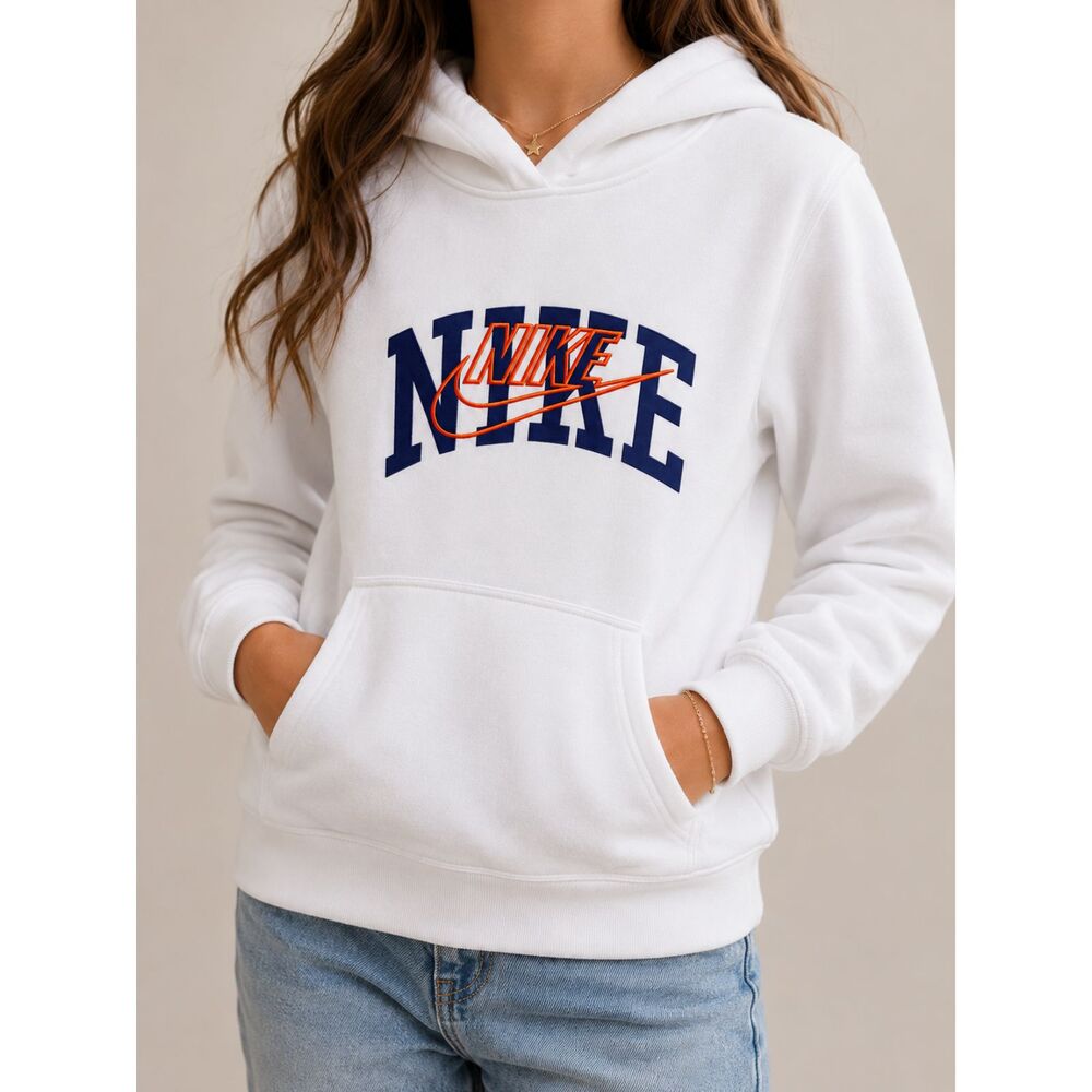 Nike Kids White Fleece Hoodie S Blue Orange Logo Pullover Sweatshirt